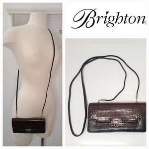 Brighton Vintage Black Leather Crossbody Long Wallet with Croc Embossed Detail